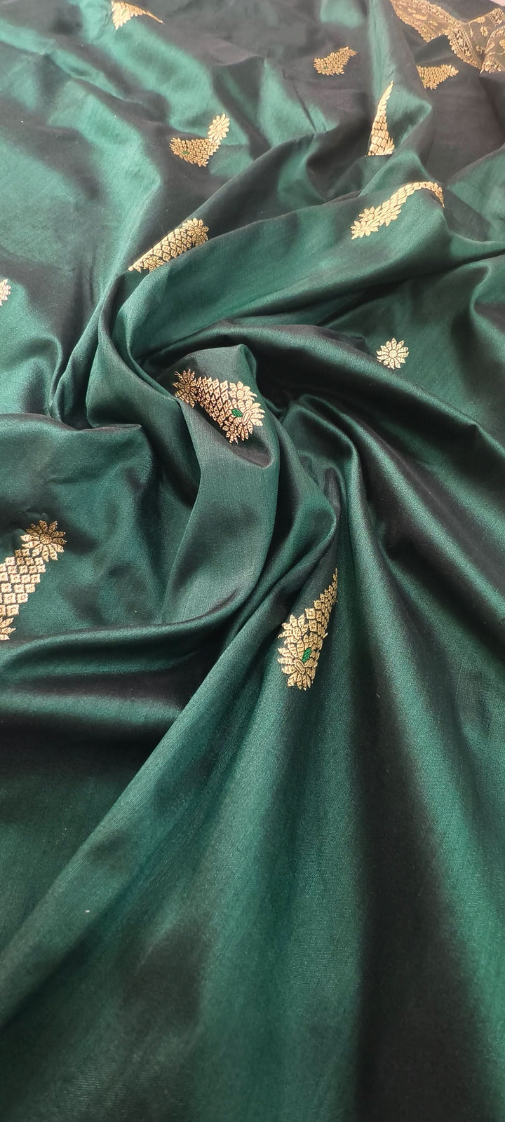 Deep Green Dual tone Banarasi Katan Silk Saree with Meenakari Floral Zari Buttas and Minimal Zari Border | SILK MARK CERTIFIED | Shobitam