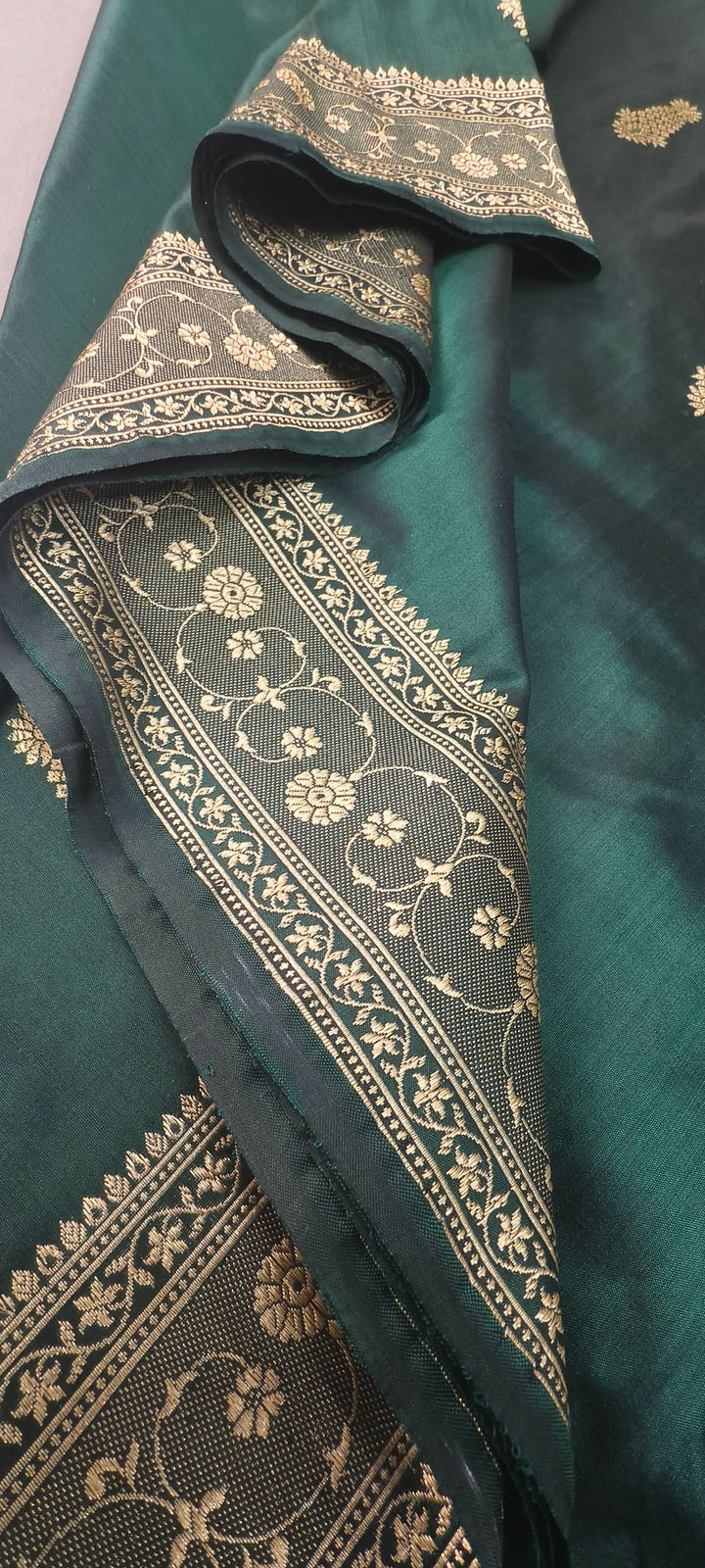 Deep Green Dual tone Banarasi Katan Silk Saree with Meenakari Floral Zari Buttas and Minimal Zari Border | SILK MARK CERTIFIED | Shobitam