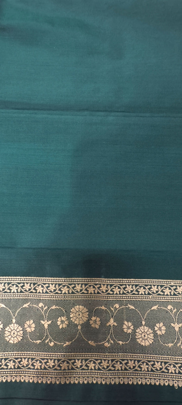 Deep Green Dual tone Banarasi Katan Silk Saree with Meenakari Floral Zari Buttas and Minimal Zari Border | SILK MARK CERTIFIED | Shobitam