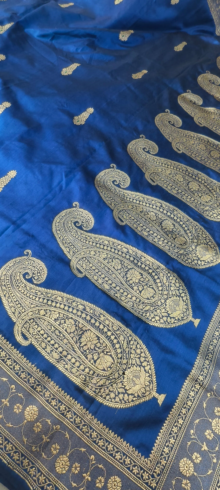 Navy Blue Banarasi Katan Silk Saree with Meenakari Zari Buttas and Minimal Zari Border | SILK MARK CERTIFIED | SHOBITAM
