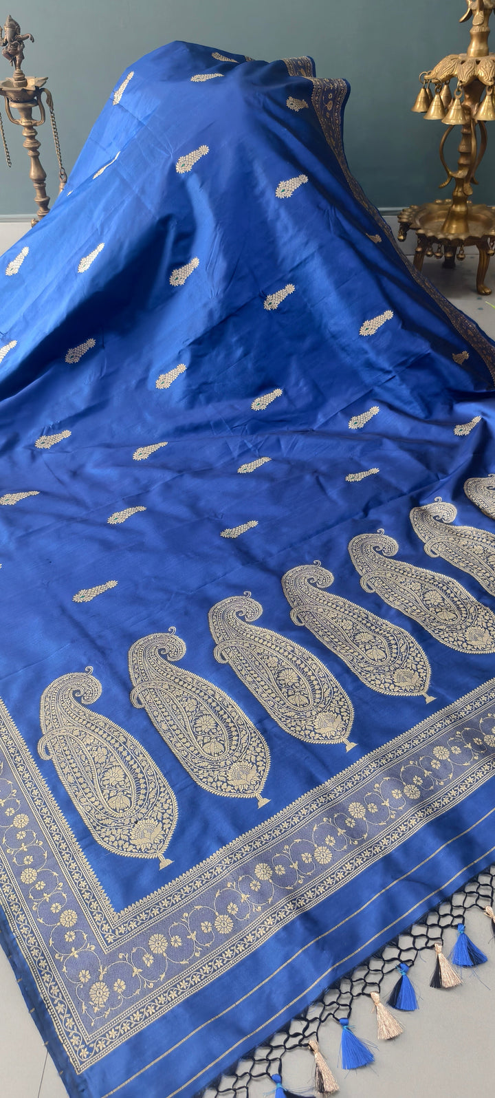 Navy Blue Banarasi Katan Silk Saree with Meenakari Zari Buttas and Minimal Zari Border | SILK MARK CERTIFIED | SHOBITAM