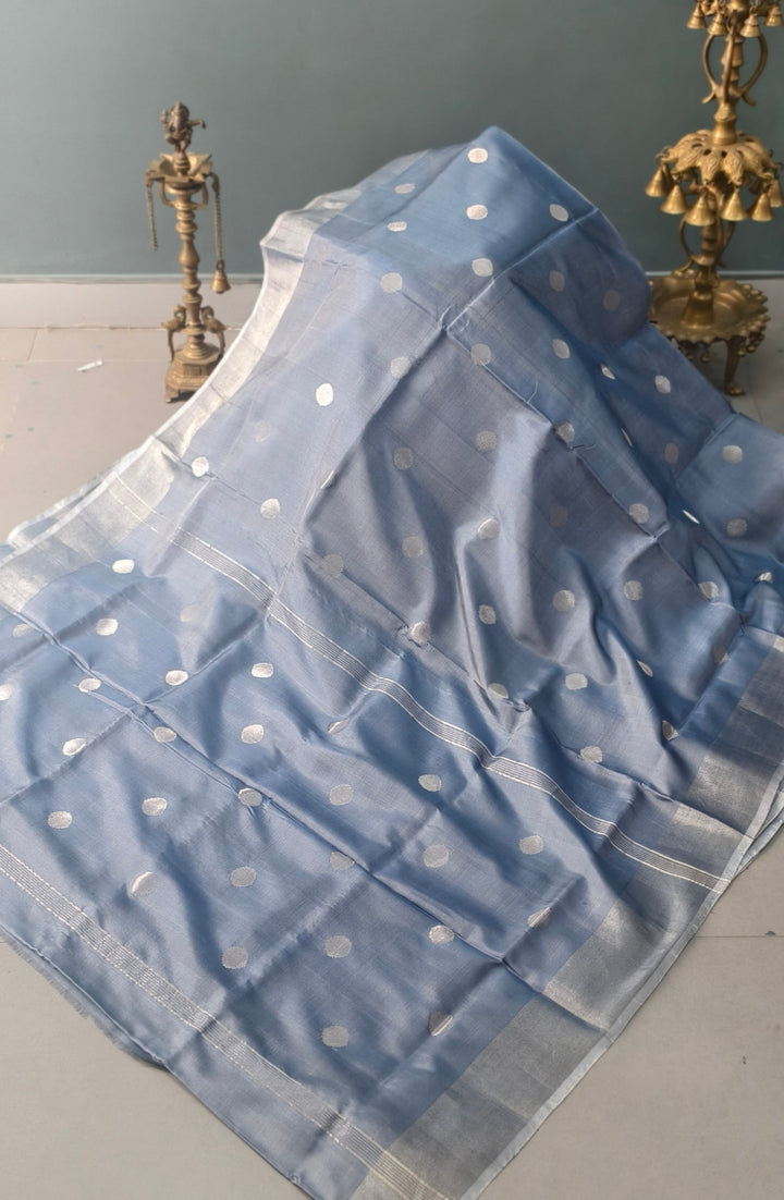 Gray Uppada Handloom Silk Saree with Silver Zari Polka Dots and Tissue Zari Border | SILK MARK CERTIFIED