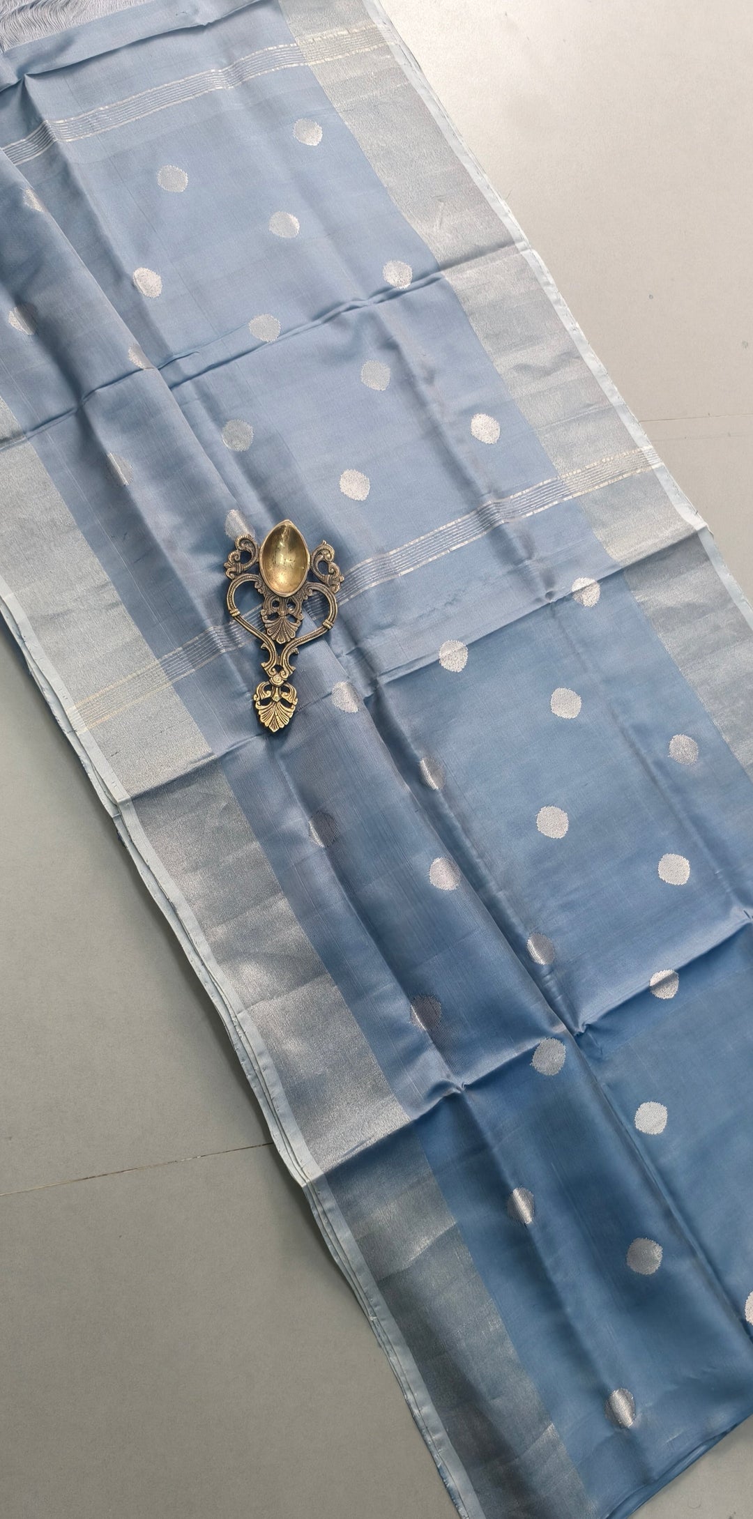 Gray Uppada Handloom Silk Saree with Silver Zari Polka Dots and Tissue Zari Border | SILK MARK CERTIFIED