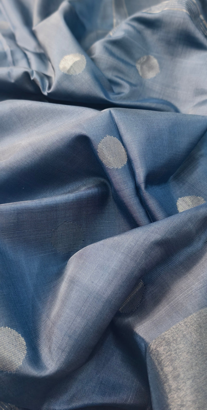Gray Uppada Handloom Silk Saree with Silver Zari Polka Dots and Tissue Zari Border | SILK MARK CERTIFIED