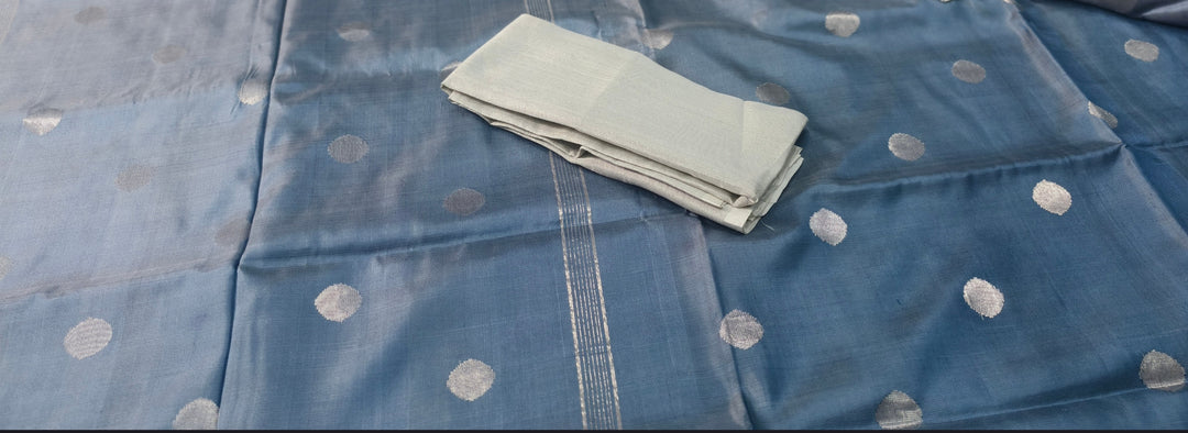 Gray Uppada Handloom Silk Saree with Silver Zari Polka Dots and Tissue Zari Border | SILK MARK CERTIFIED