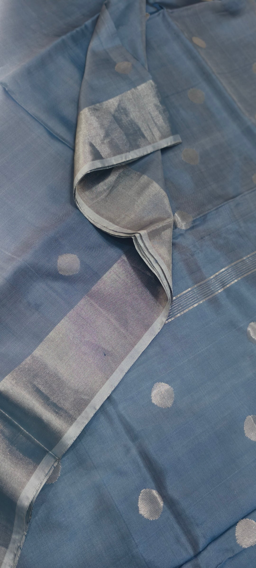 Gray Uppada Handloom Silk Saree with Silver Zari Polka Dots and Tissue Zari Border | SILK MARK CERTIFIED