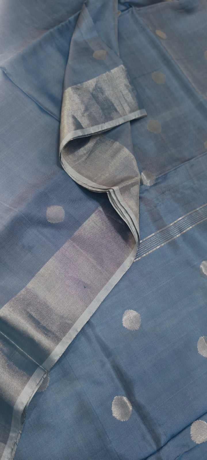 Gray Uppada Handloom Silk Saree with Silver Zari Polka Dots and Tissue Zari Border | SILK MARK CERTIFIED