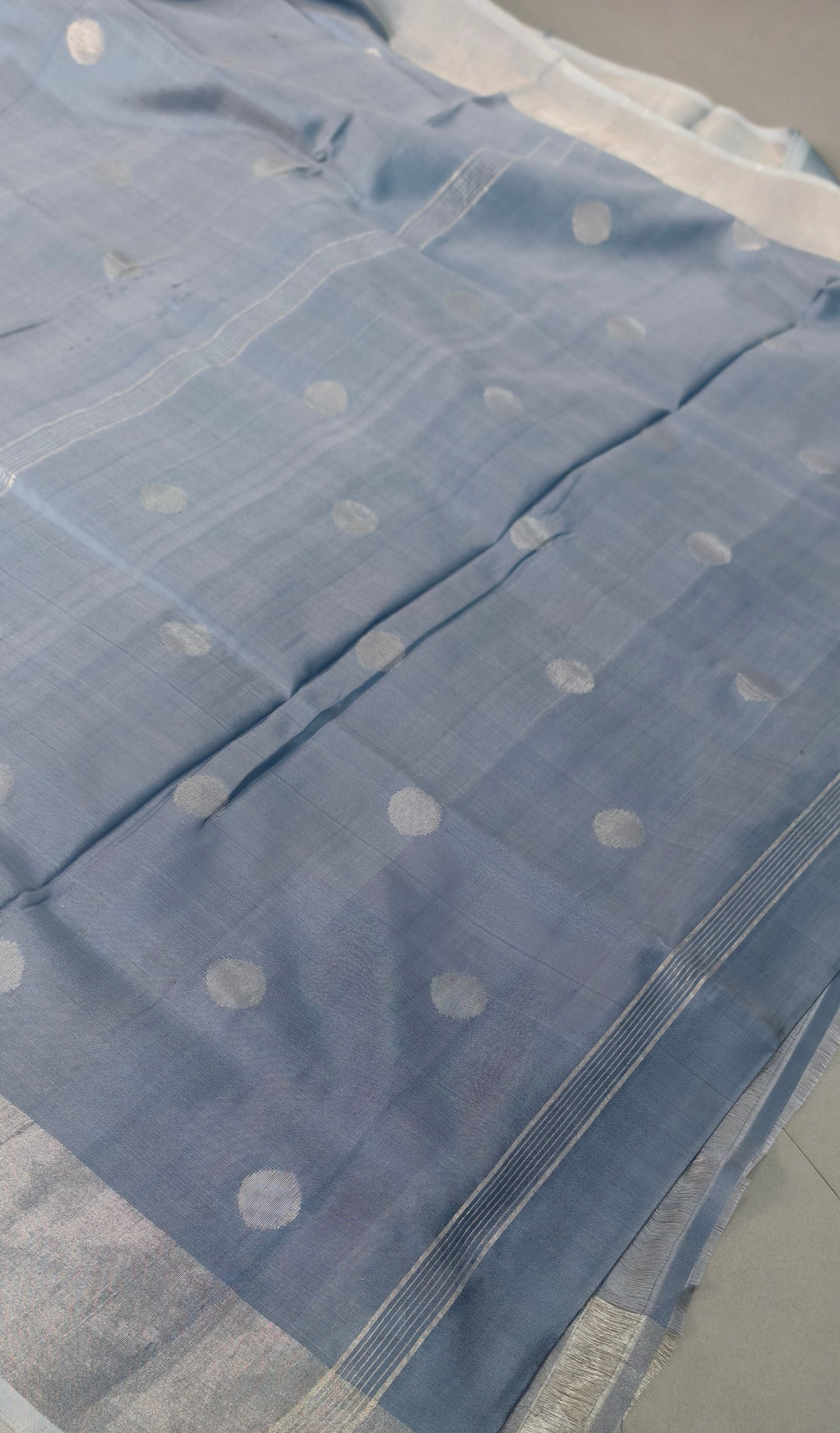 Gray Uppada Handloom Silk Saree with Silver Zari Polka Dots and Tissue Zari Border | SILK MARK CERTIFIED