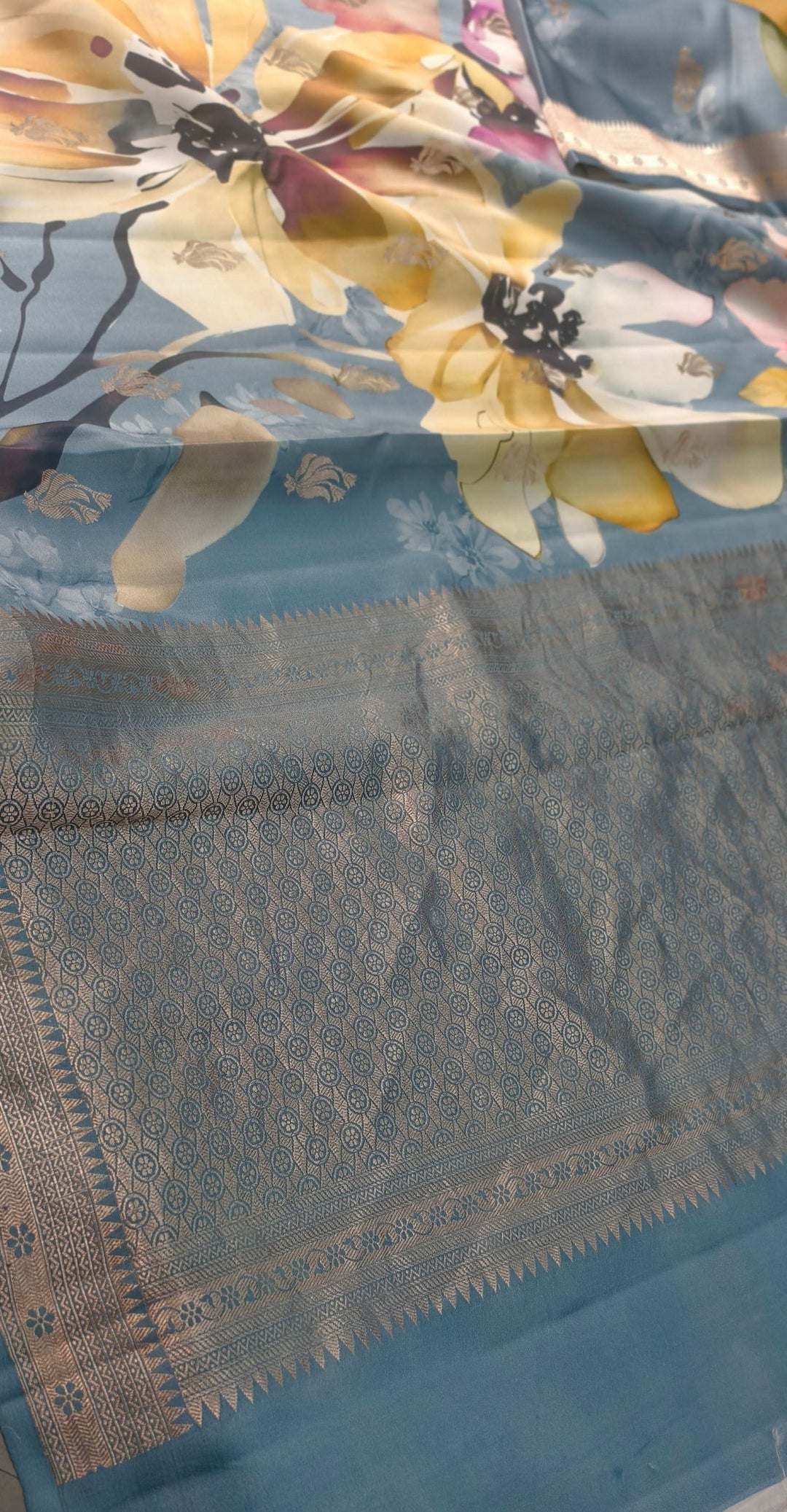 Powder Blue Floral Digital Print on Banarasi Mashru Silk Saree with Zari Buttas and Minimal Zari Border | SILK MARK CERTIFIED | SHOBITAM