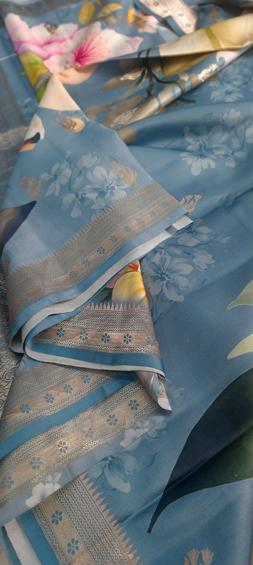 Powder Blue Floral Digital Print on Banarasi Mashru Silk Saree with Zari Buttas and Minimal Zari Border | SILK MARK CERTIFIED | SHOBITAM