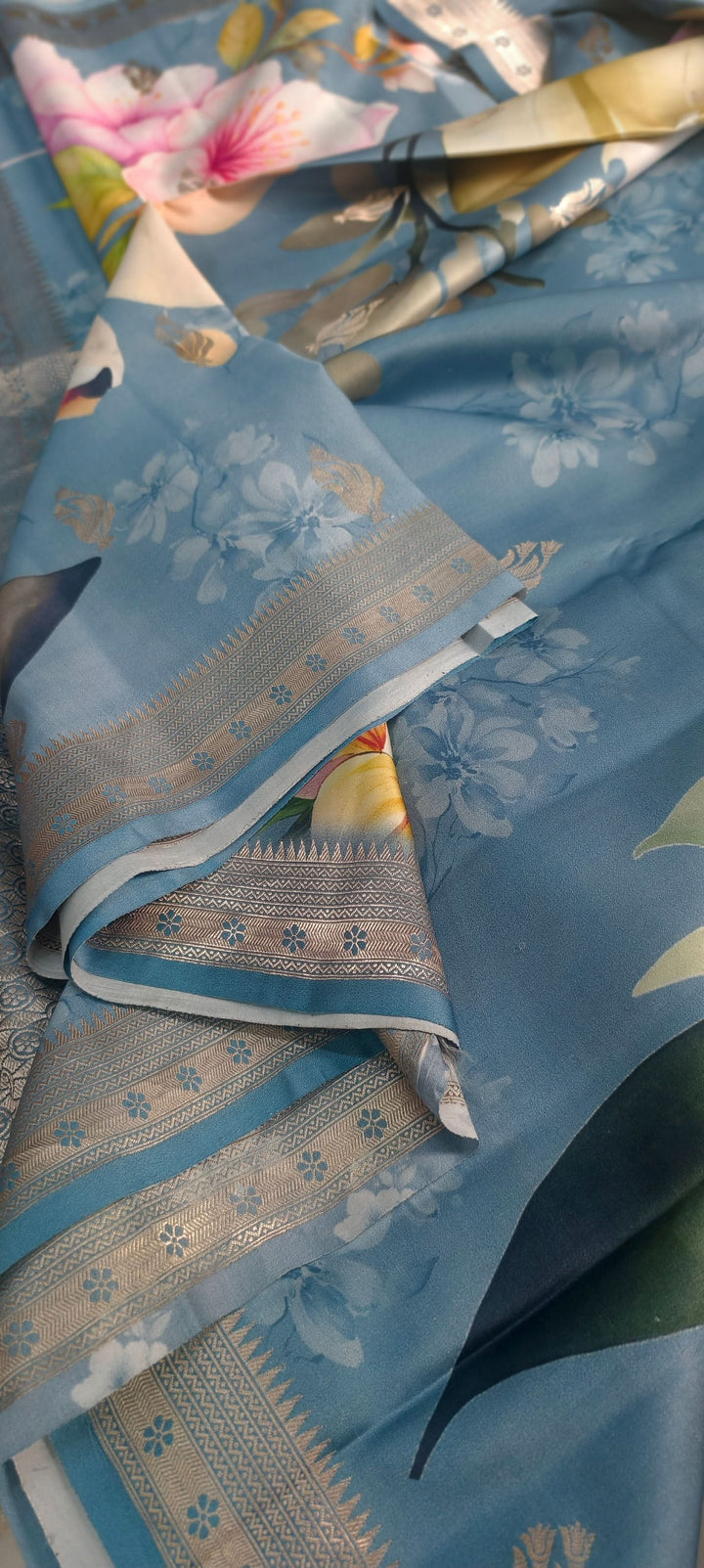 Powder Blue Floral Digital Print on Banarasi Mashru Silk Saree with Zari Buttas and Minimal Zari Border | SILK MARK CERTIFIED | SHOBITAM
