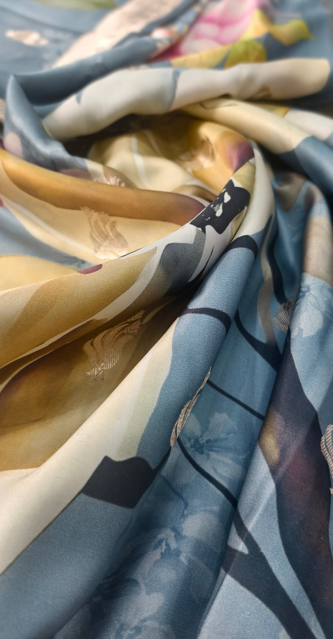 Powder Blue Floral Digital Print on Banarasi Mashru Silk Saree with Zari Buttas and Minimal Zari Border | SILK MARK CERTIFIED | SHOBITAM