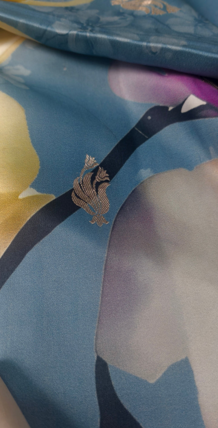 Powder Blue Floral Digital Print on Banarasi Mashru Silk Saree with Zari Buttas and Minimal Zari Border | SILK MARK CERTIFIED | SHOBITAM