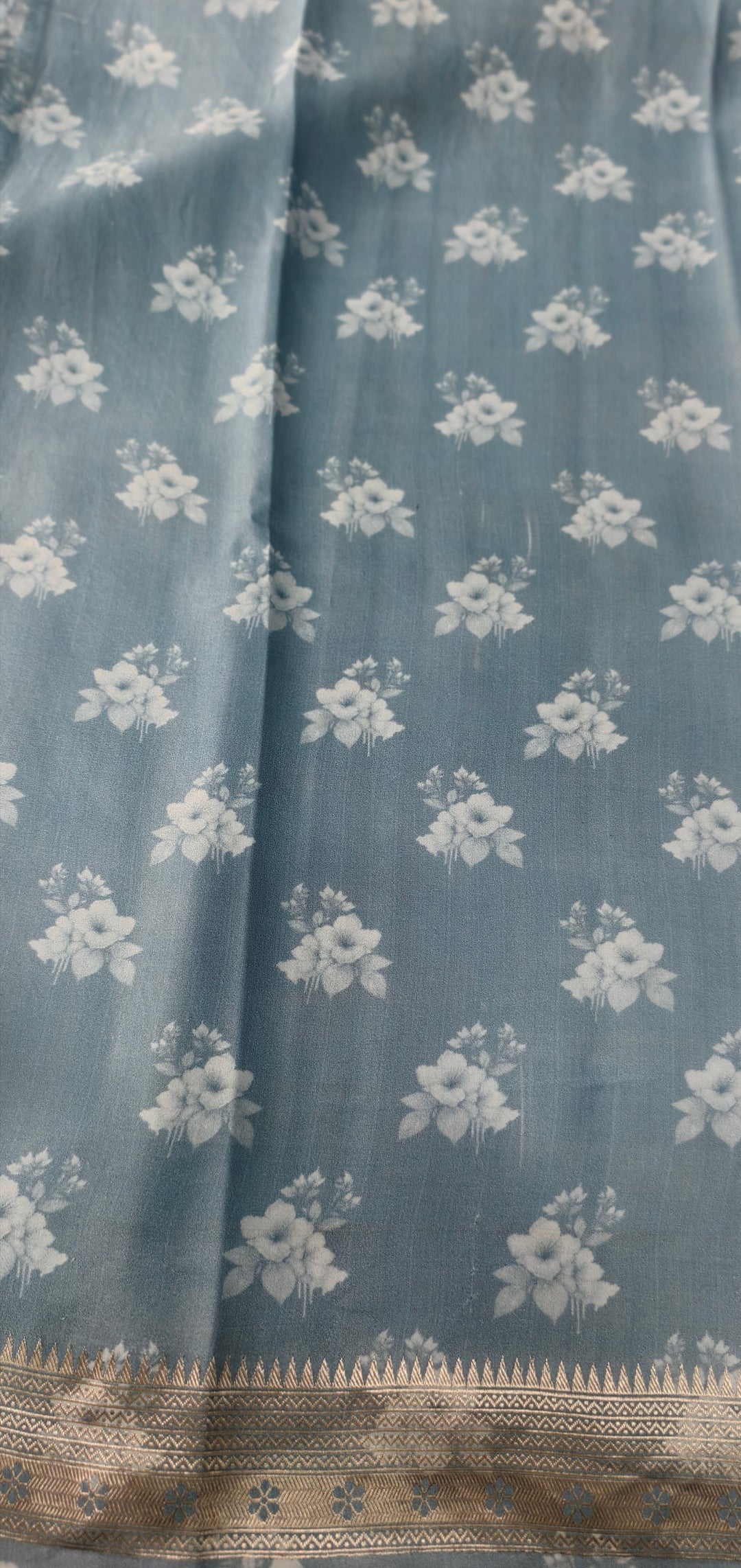 Powder Blue Floral Digital Print on Banarasi Mashru Silk Saree with Zari Buttas and Minimal Zari Border | SILK MARK CERTIFIED | SHOBITAM