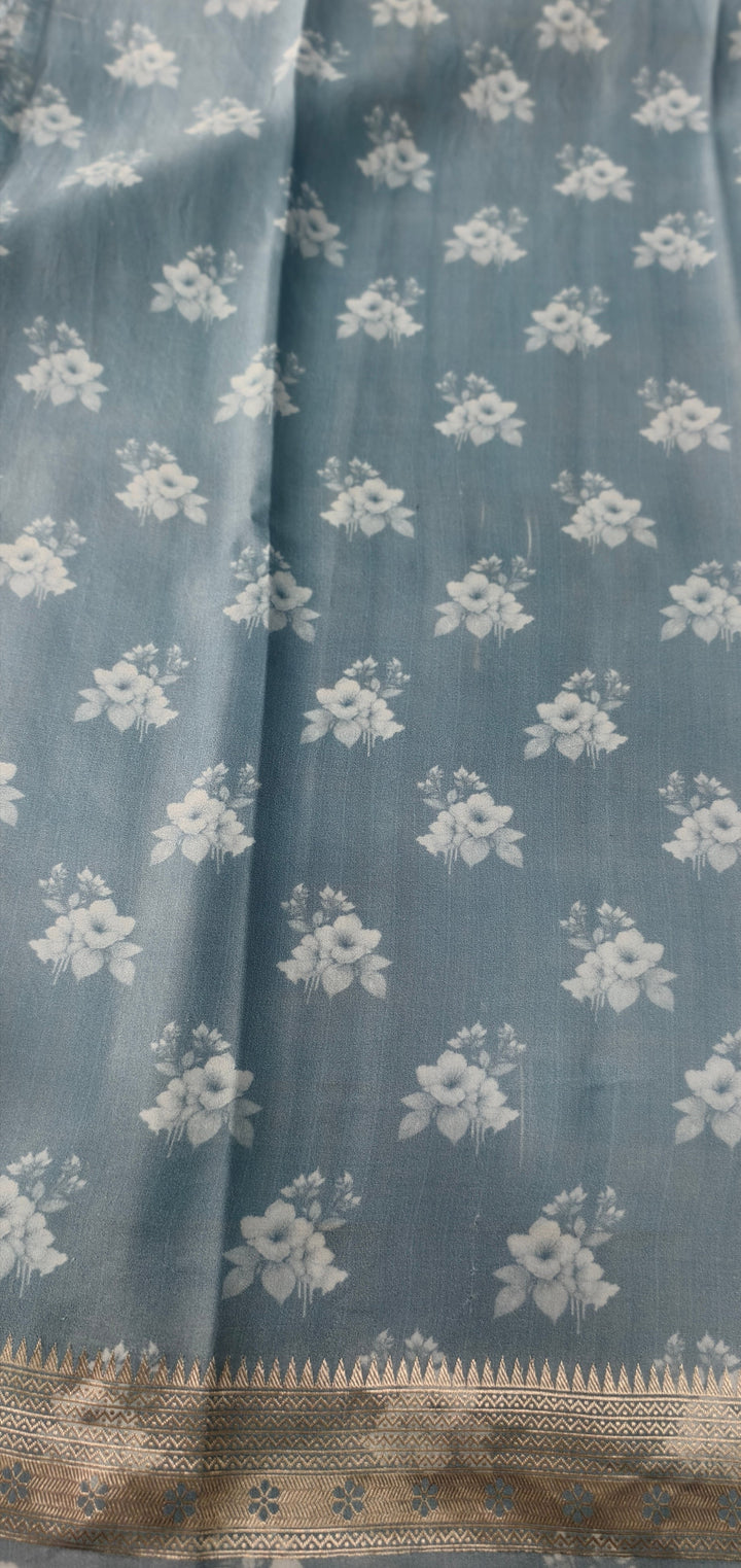 Powder Blue Floral Digital Print on Banarasi Mashru Silk Saree with Zari Buttas and Minimal Zari Border | SILK MARK CERTIFIED | SHOBITAM
