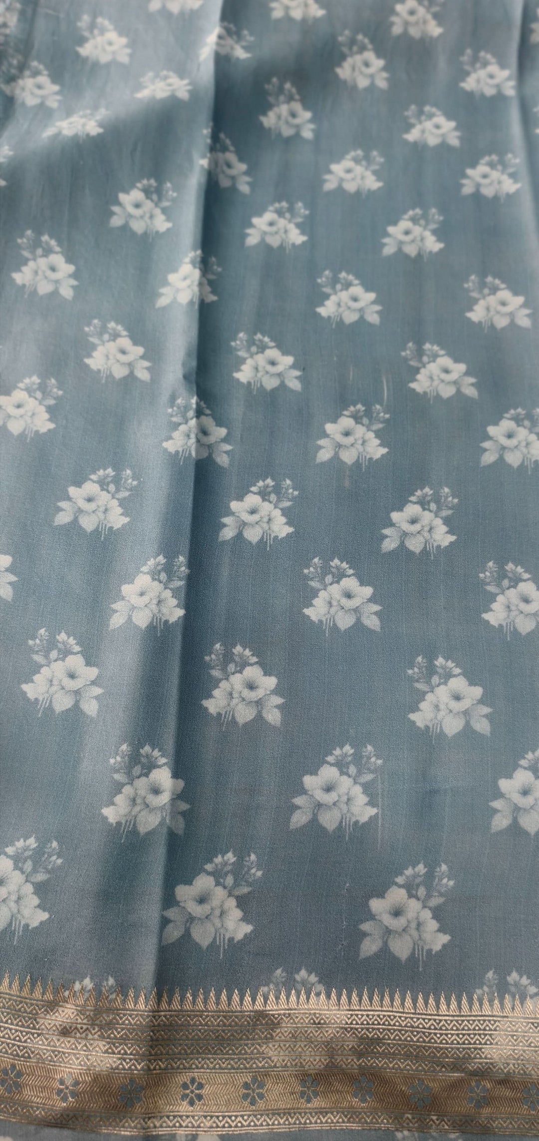 Powder Blue Floral Digital Print on Banarasi Mashru Silk Saree with Zari Buttas and Minimal Zari Border | SILK MARK CERTIFIED | SHOBITAM