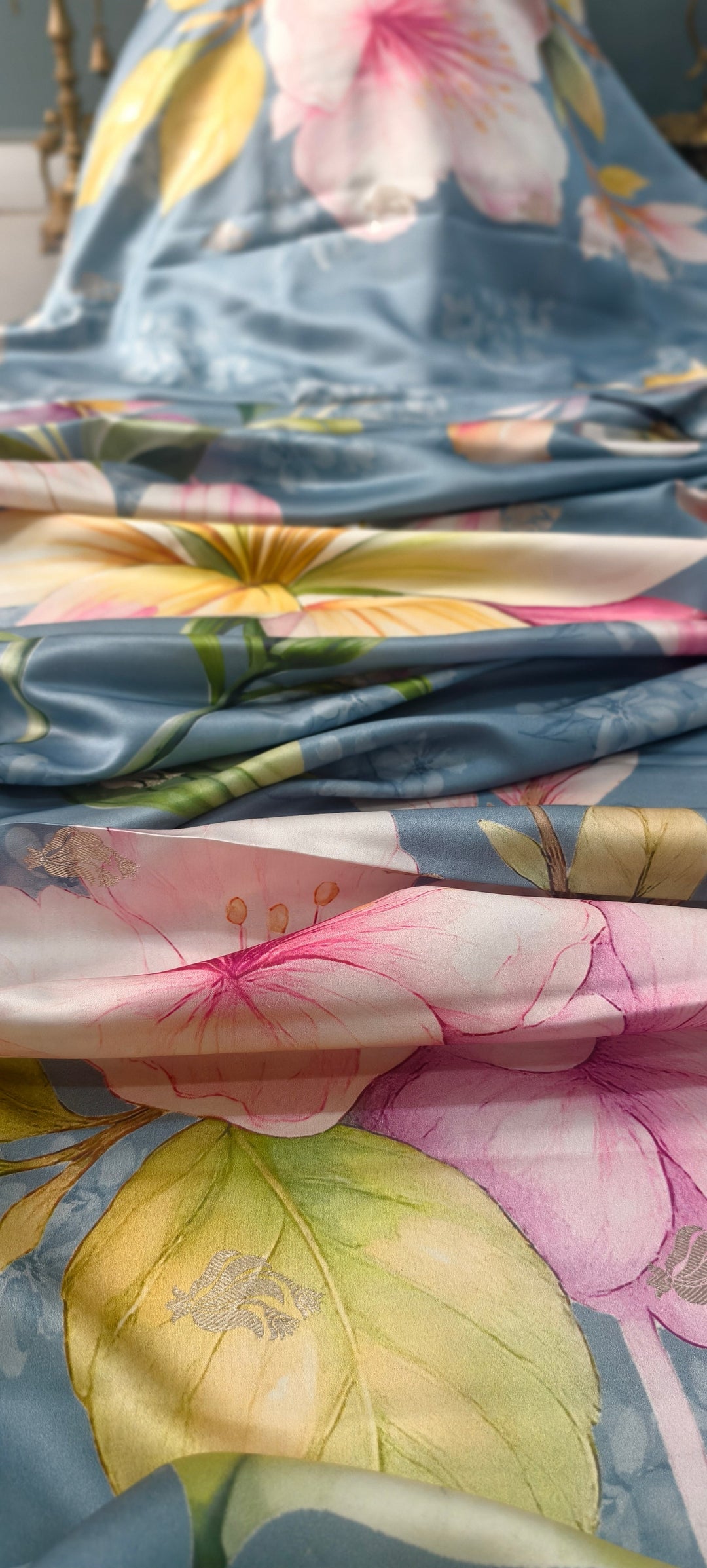 Powder Blue Floral Digital Print on Banarasi Mashru Silk Saree with Zari Buttas and Minimal Zari Border | SILK MARK CERTIFIED | SHOBITAM