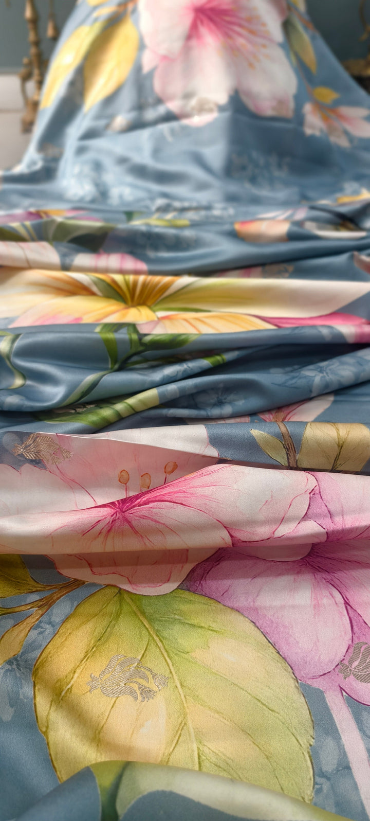 Powder Blue Floral Digital Print on Banarasi Mashru Silk Saree with Zari Buttas and Minimal Zari Border | SILK MARK CERTIFIED | SHOBITAM