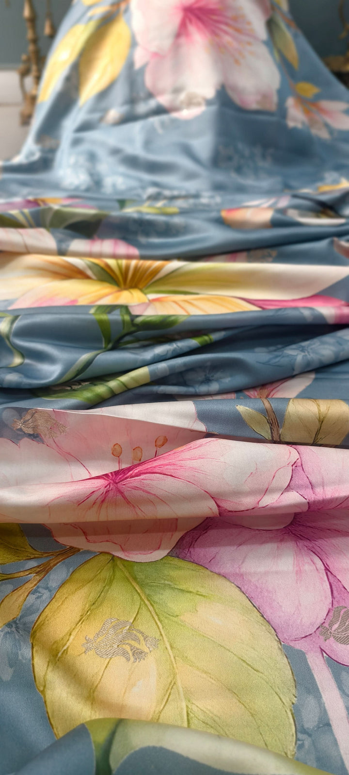 Powder Blue Floral Digital Print on Banarasi Mashru Silk Saree with Zari Buttas and Minimal Zari Border | SILK MARK CERTIFIED | SHOBITAM