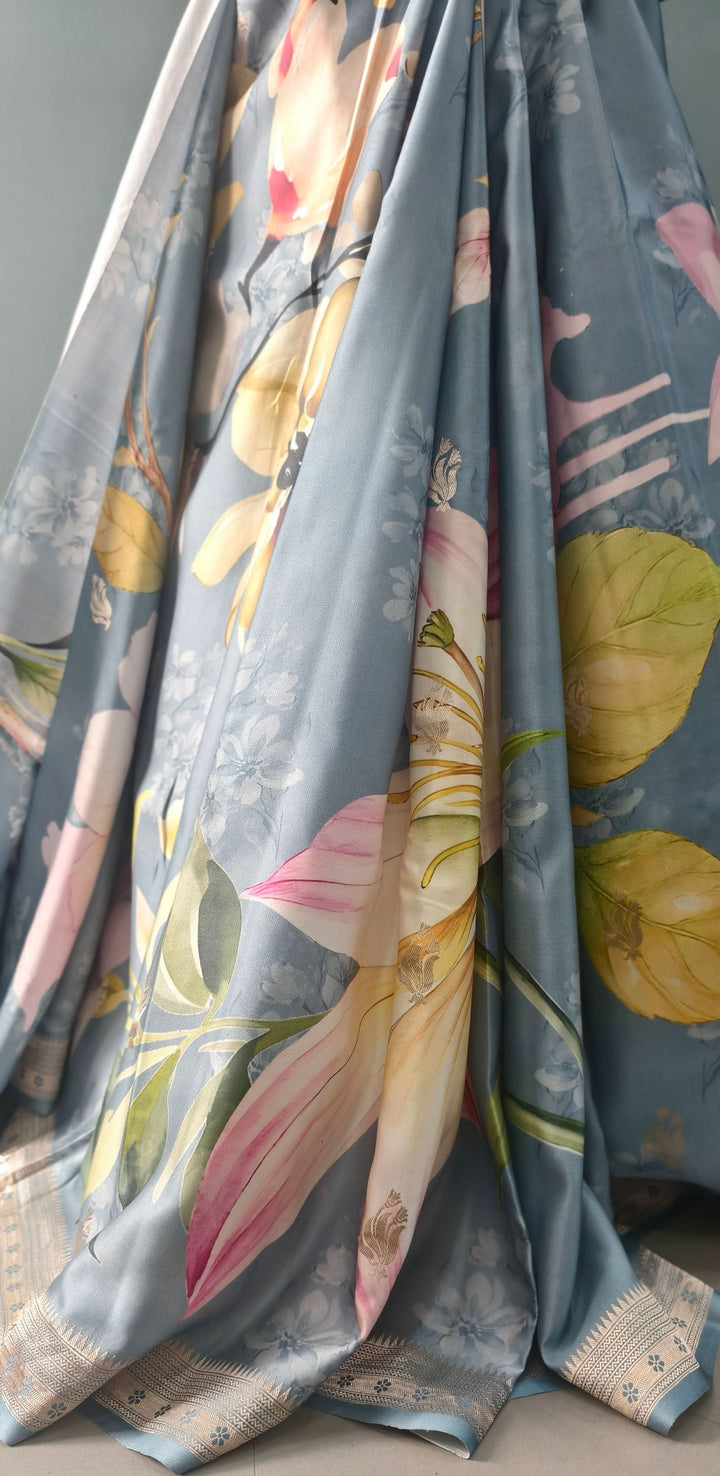 Powder Blue Floral Digital Print on Banarasi Mashru Silk Saree with Zari Buttas and Minimal Zari Border | SILK MARK CERTIFIED | SHOBITAM