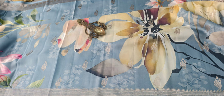 Powder Blue Floral Digital Print on Banarasi Mashru Silk Saree with Zari Buttas and Minimal Zari Border | SILK MARK CERTIFIED | SHOBITAM