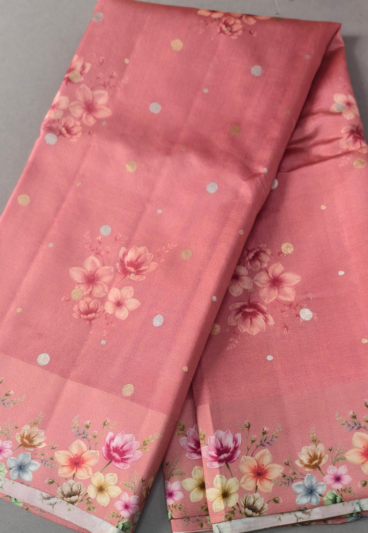 Light Carmine Pink Floral Digital Print on Banarasi Katan Silk Saree with Sona Rupa Polka Dots and Border | SILK MARK CERTIFIED | SHOBITAM