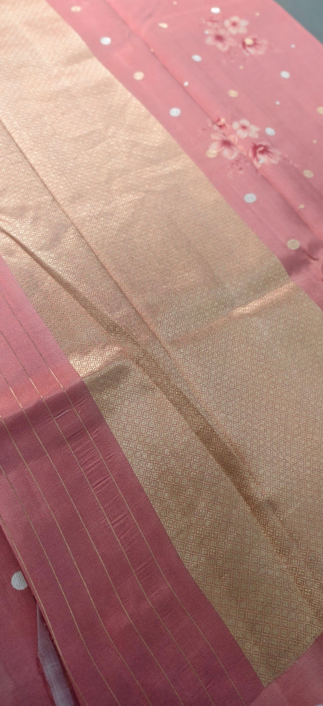 Light Carmine Pink Floral Digital Print on Banarasi Katan Silk Saree with Sona Rupa Polka Dots and Border | SILK MARK CERTIFIED | SHOBITAM