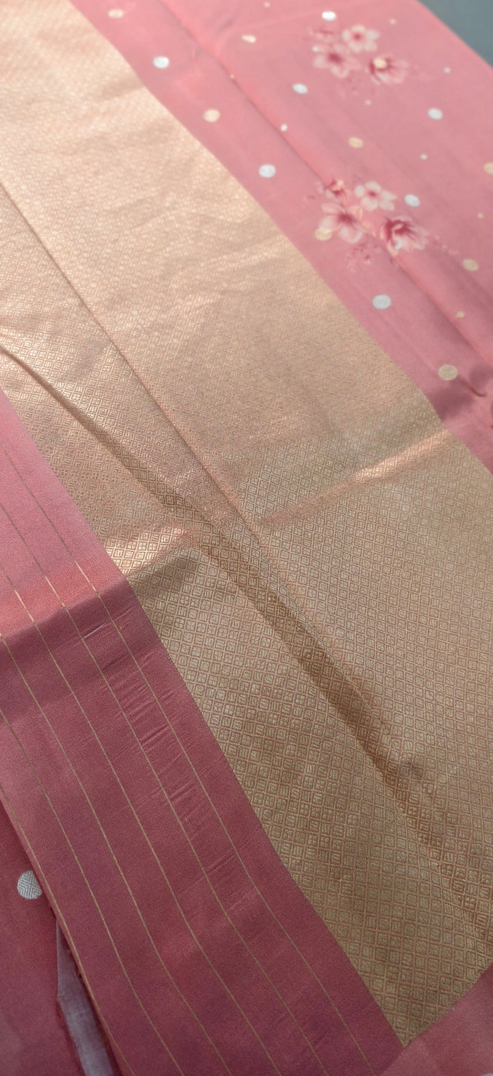 Light Carmine Pink Floral Digital Print on Banarasi Katan Silk Saree with Sona Rupa Polka Dots and Border | SILK MARK CERTIFIED | SHOBITAM