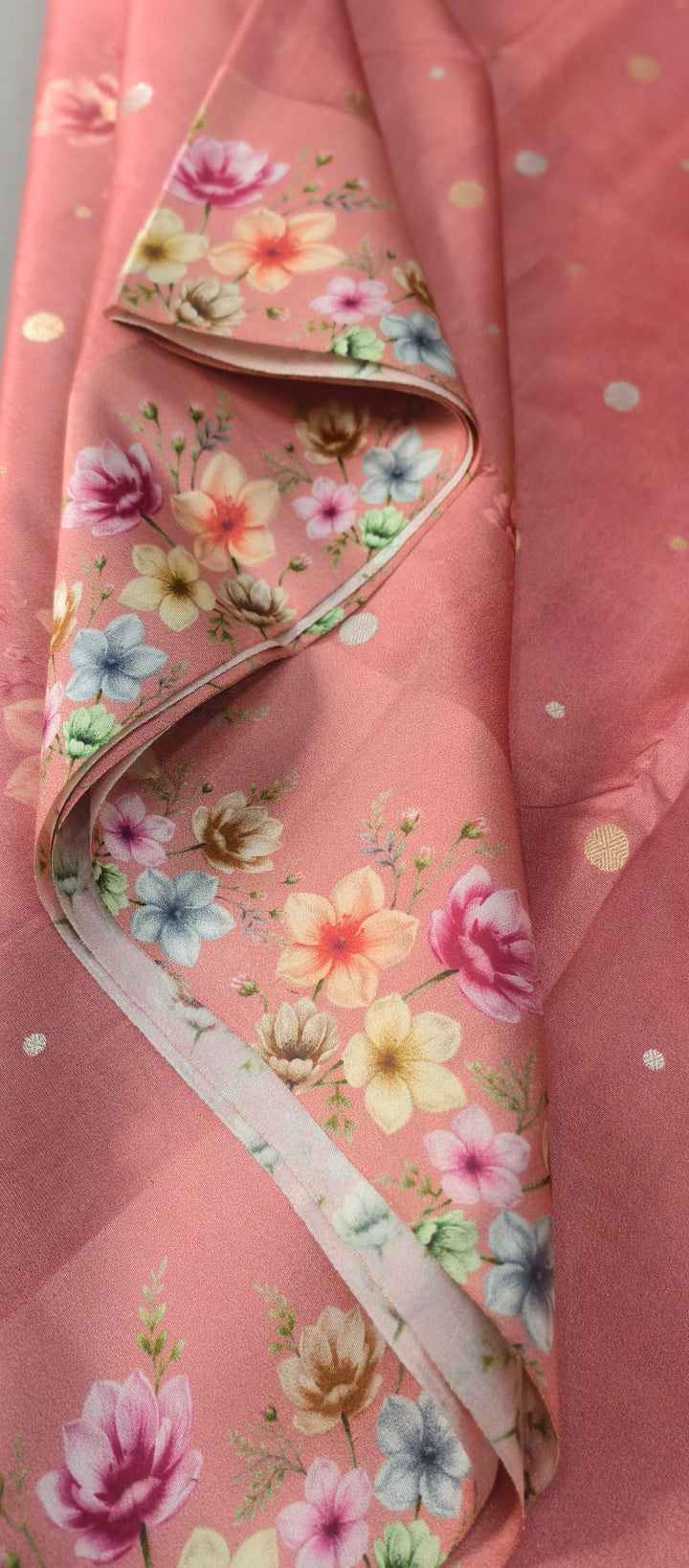 Light Carmine Pink Floral Digital Print on Banarasi Katan Silk Saree with Sona Rupa Polka Dots and Border | SILK MARK CERTIFIED | SHOBITAM