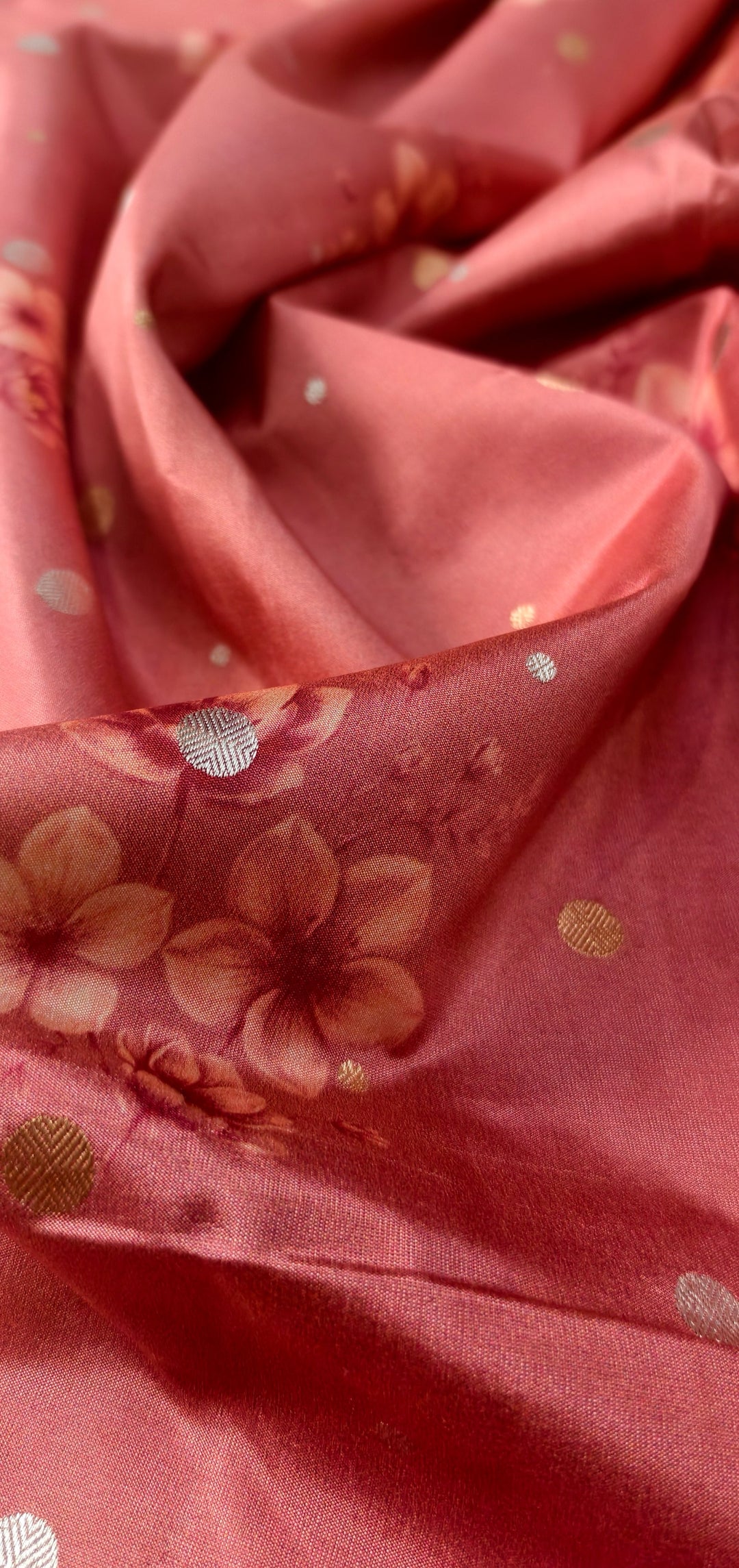 Light Carmine Pink Floral Digital Print on Banarasi Katan Silk Saree with Sona Rupa Polka Dots and Border | SILK MARK CERTIFIED | SHOBITAM