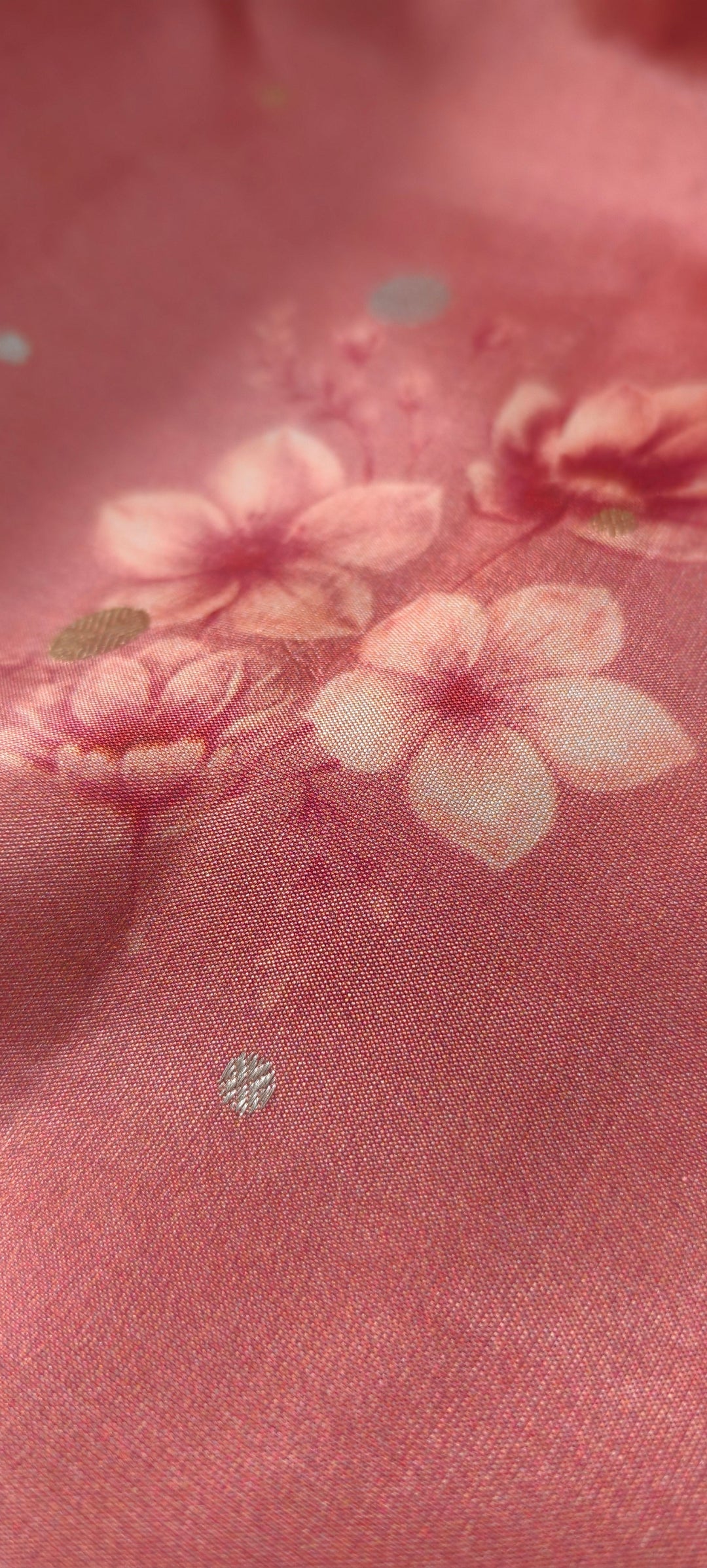 Light Carmine Pink Floral Digital Print on Banarasi Katan Silk Saree with Sona Rupa Polka Dots and Border | SILK MARK CERTIFIED | SHOBITAM