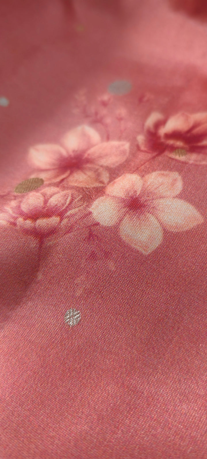 Light Carmine Pink Floral Digital Print on Banarasi Katan Silk Saree with Sona Rupa Polka Dots and Border | SILK MARK CERTIFIED | SHOBITAM
