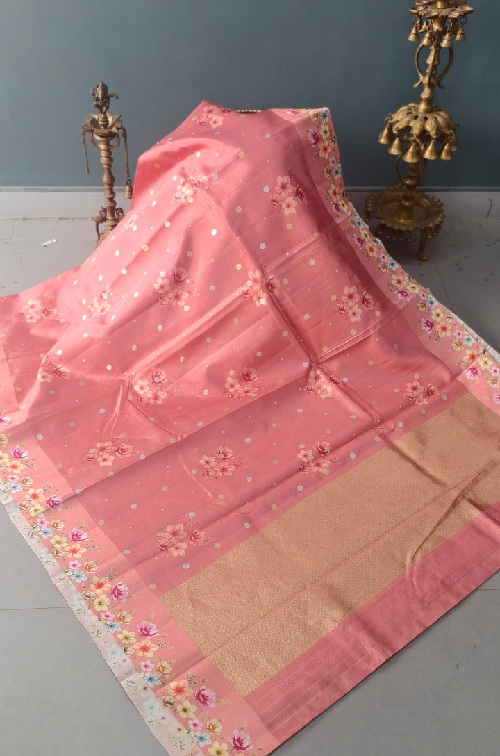 Light Carmine Pink Floral Digital Print on Banarasi Katan Silk Saree with Sona Rupa Polka Dots and Border | SILK MARK CERTIFIED | SHOBITAM