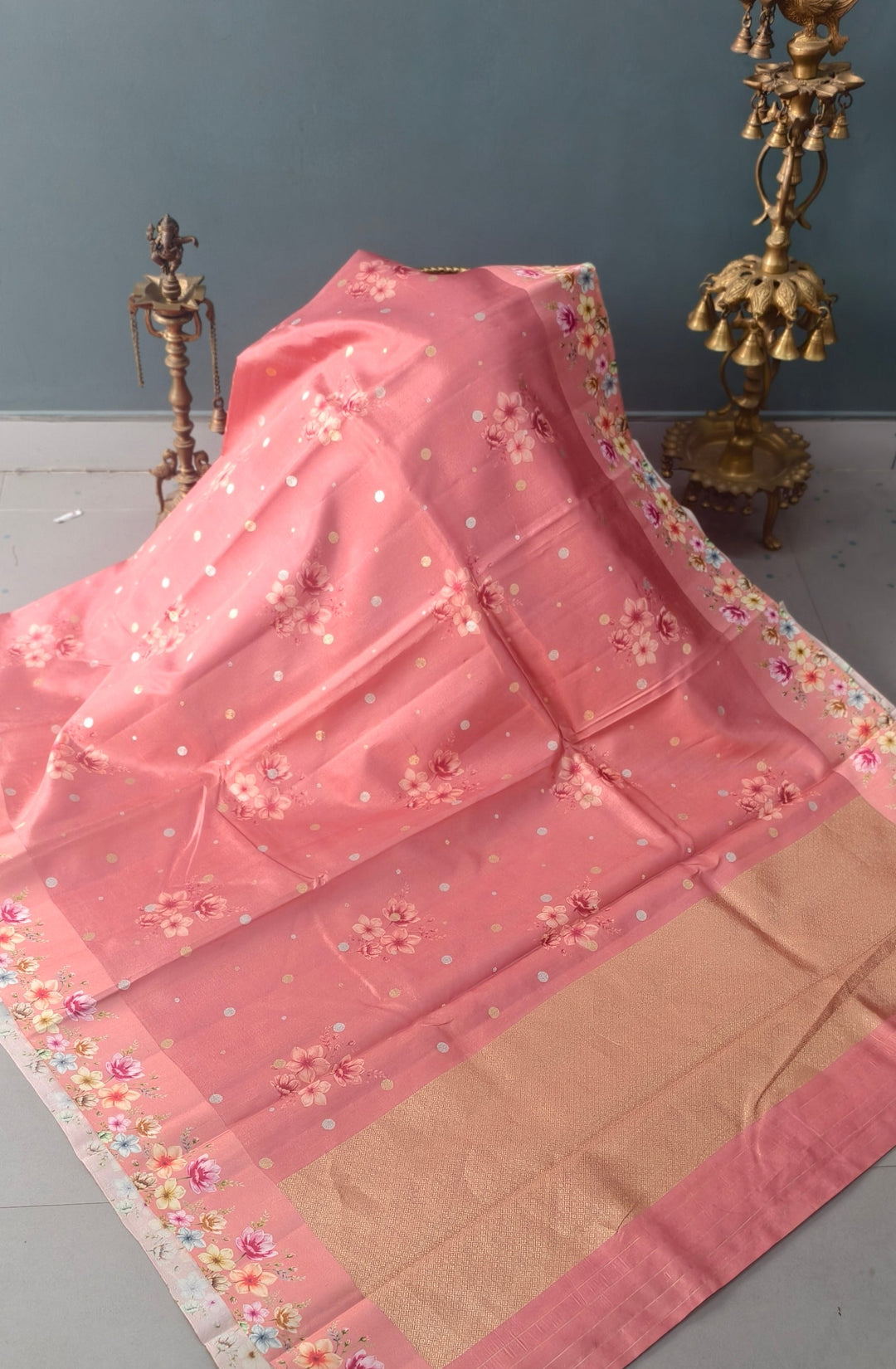 Light Carmine Pink Floral Digital Print on Banarasi Katan Silk Saree with Sona Rupa Polka Dots and Border | SILK MARK CERTIFIED | SHOBITAM