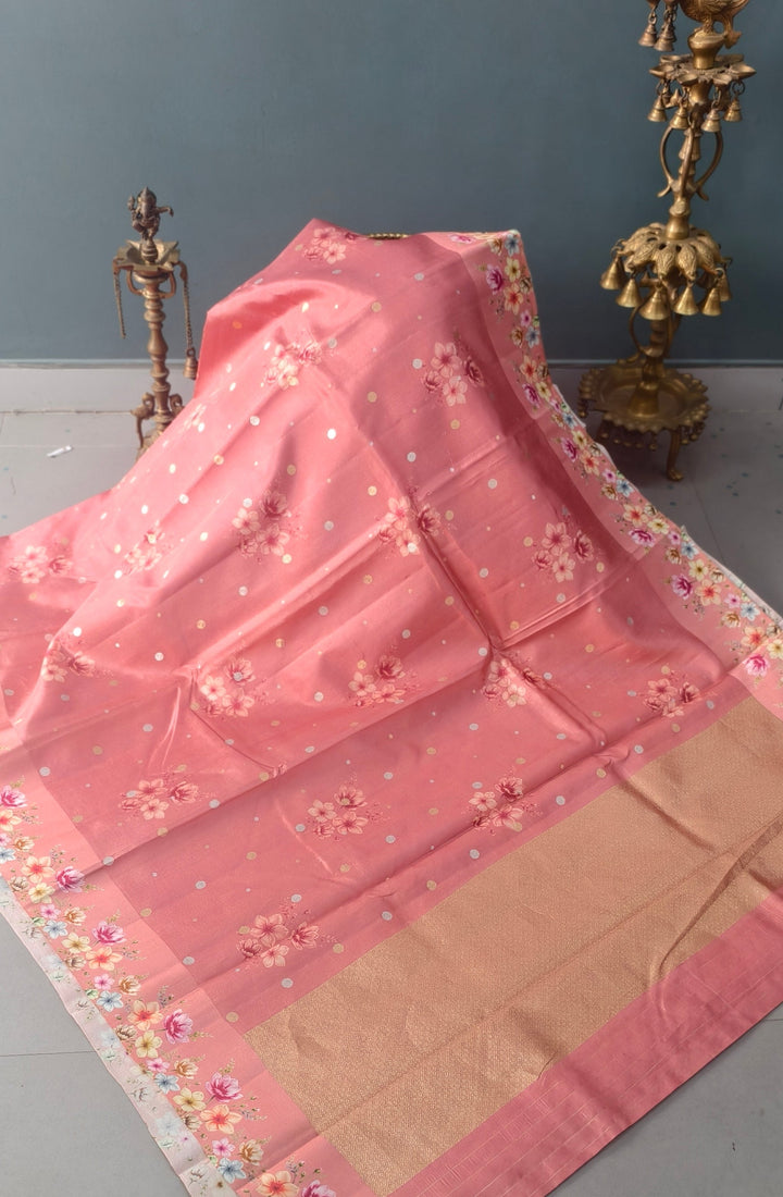 Light Carmine Pink Floral Digital Print on Banarasi Katan Silk Saree with Sona Rupa Polka Dots and Border | SILK MARK CERTIFIED | SHOBITAM