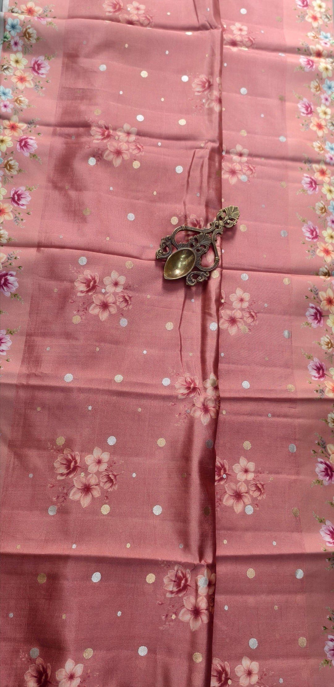 Light Carmine Pink Floral Digital Print on Banarasi Katan Silk Saree with Sona Rupa Polka Dots and Border | SILK MARK CERTIFIED | SHOBITAM
