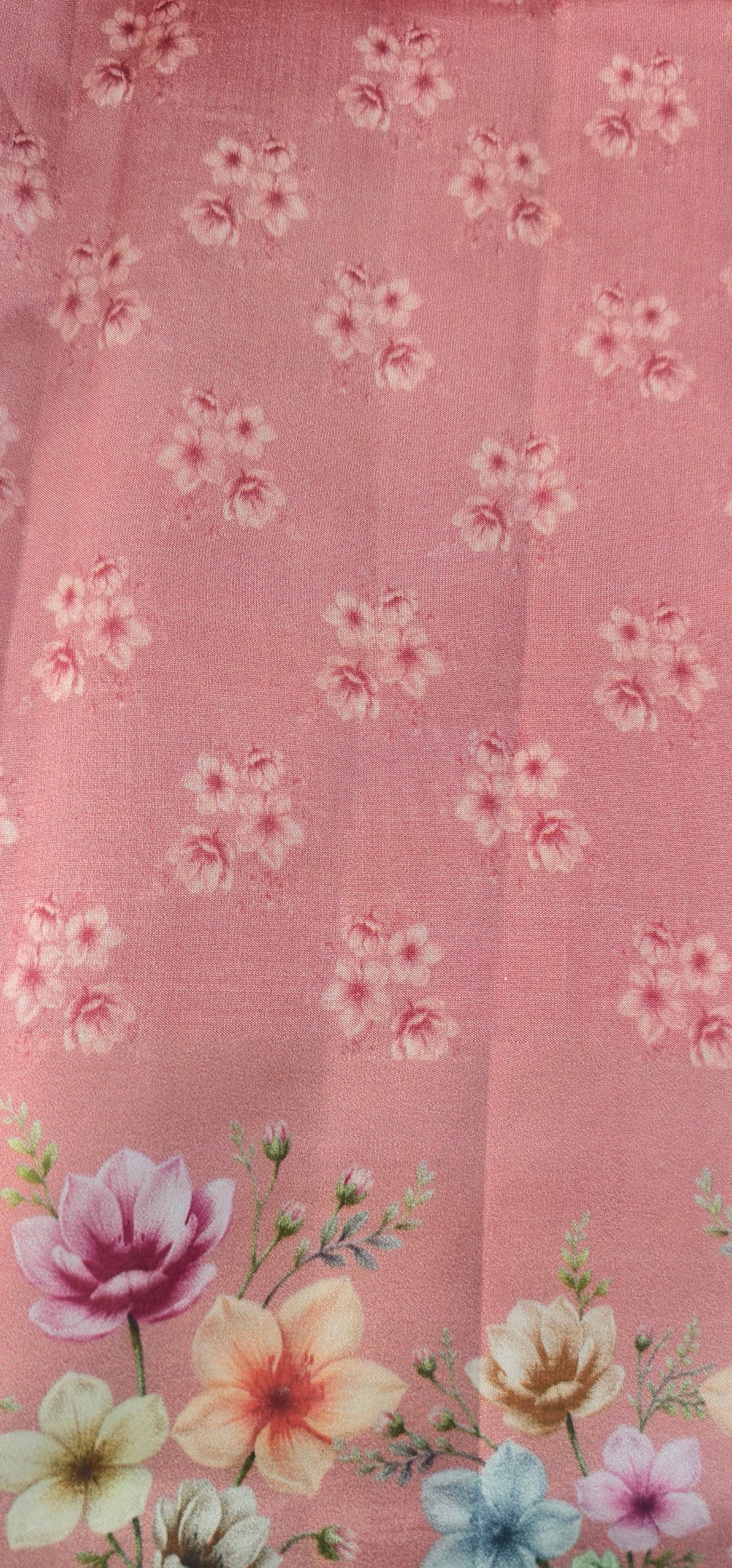 Light Carmine Pink Floral Digital Print on Banarasi Katan Silk Saree with Sona Rupa Polka Dots and Border | SILK MARK CERTIFIED | SHOBITAM