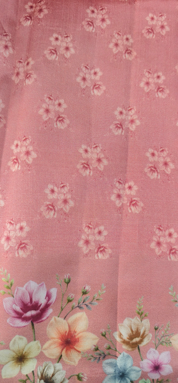 Light Carmine Pink Floral Digital Print on Banarasi Katan Silk Saree with Sona Rupa Polka Dots and Border | SILK MARK CERTIFIED | SHOBITAM