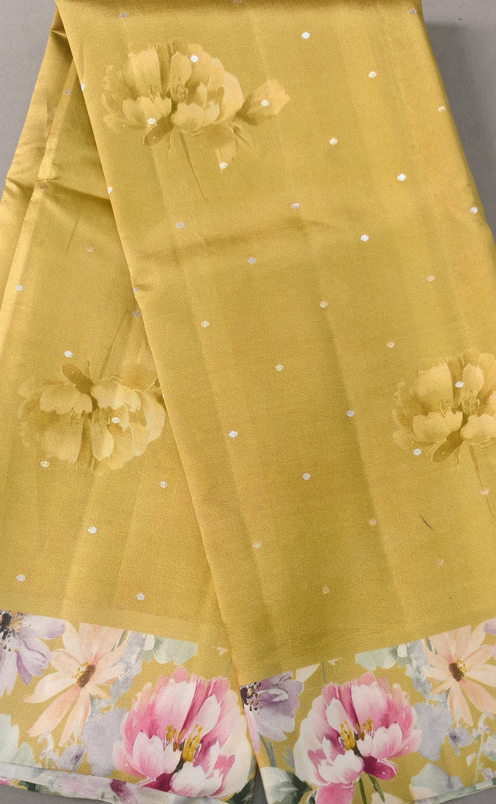 Moss Green Floral Digital Print on Banarasi Katan Silk Saree with Sona Rupa Polka Buttis and Border | SILK MARK CERTIFIED | SHOBITAM