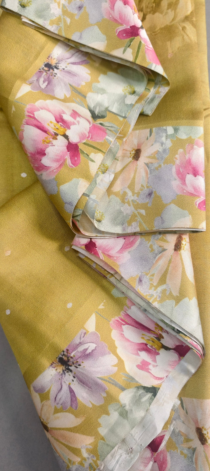 Moss Green Floral Digital Print on Banarasi Katan Silk Saree with Sona Rupa Polka Buttis and Border | SILK MARK CERTIFIED | SHOBITAM