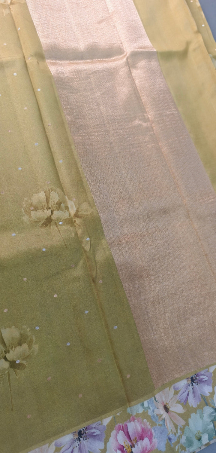 Moss Green Floral Digital Print on Banarasi Katan Silk Saree with Sona Rupa Polka Buttis and Border | SILK MARK CERTIFIED | SHOBITAM