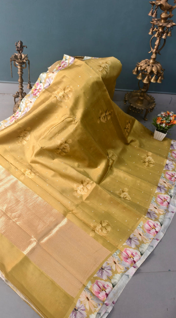 Moss Green Floral Digital Print on Banarasi Katan Silk Saree with Sona Rupa Polka Buttis and Border | SILK MARK CERTIFIED | SHOBITAM