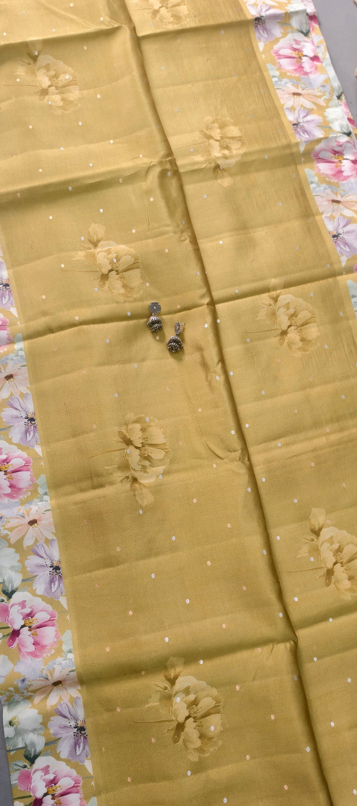 Moss Green Floral Digital Print on Banarasi Katan Silk Saree with Sona Rupa Polka Buttis and Border | SILK MARK CERTIFIED | SHOBITAM