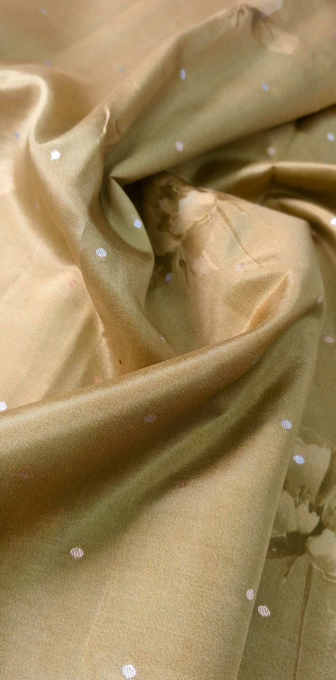 Moss Green Floral Digital Print on Banarasi Katan Silk Saree with Sona Rupa Polka Buttis and Border | SILK MARK CERTIFIED | SHOBITAM