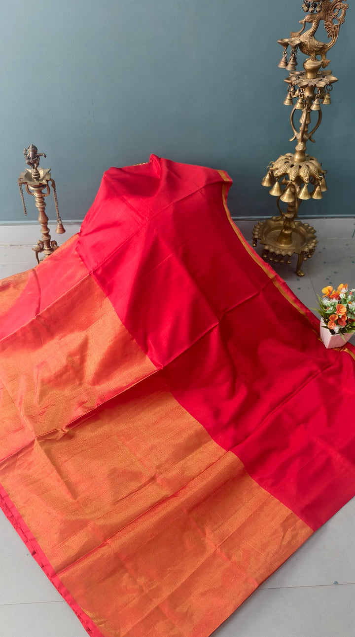 Blood Red Uppada Handloom Silk Saree with Tissue Skirt Border | SILK MARK CERTIFIED | SHOBITAM