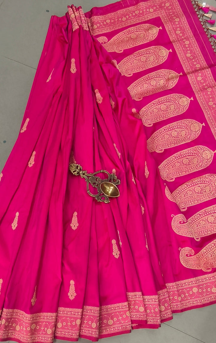 Hot Pink Dual tone Banarasi Katan Silk Saree with Meenakari Zari Buttas and Minimal Zari Border | SILK MARK CERTIFIED | SHOBITAM