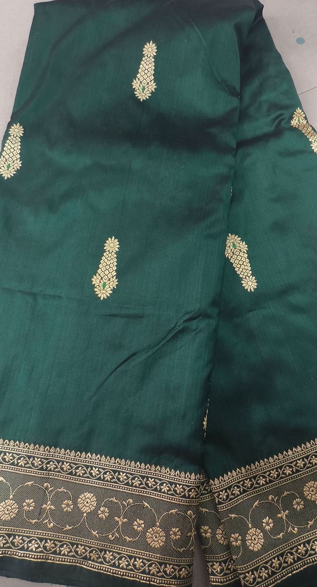 Deep Green Dual tone Banarasi Katan Silk Saree with Meenakari Floral Zari Buttas and Minimal Zari Border | SILK MARK CERTIFIED | Shobitam