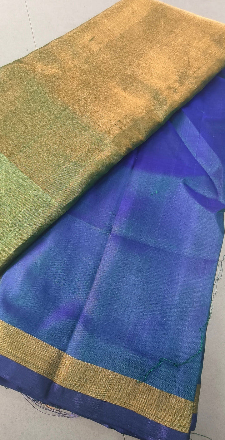 Peacock Blue-Purple Dual tone Uppada Handloom Silk Saree with Green Contrast half Tissue Border | SILK MARK CERTIFIED | SHOBITAM