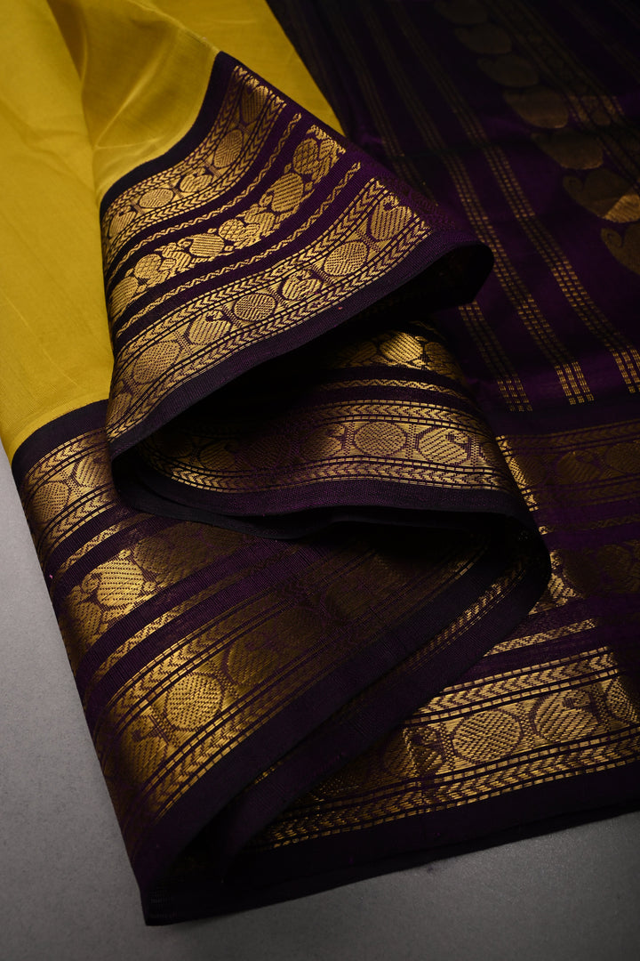 Moss Green Kanchi Silk Cotton 100% Handloom Saree with Contrast Zari Border | SHOBITAM