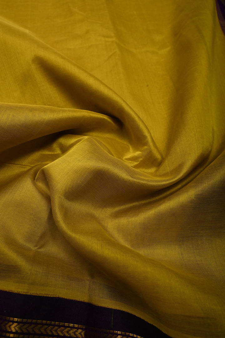 Moss Green Kanchi Silk Cotton 100% Handloom Saree with Contrast Zari Border | SHOBITAM